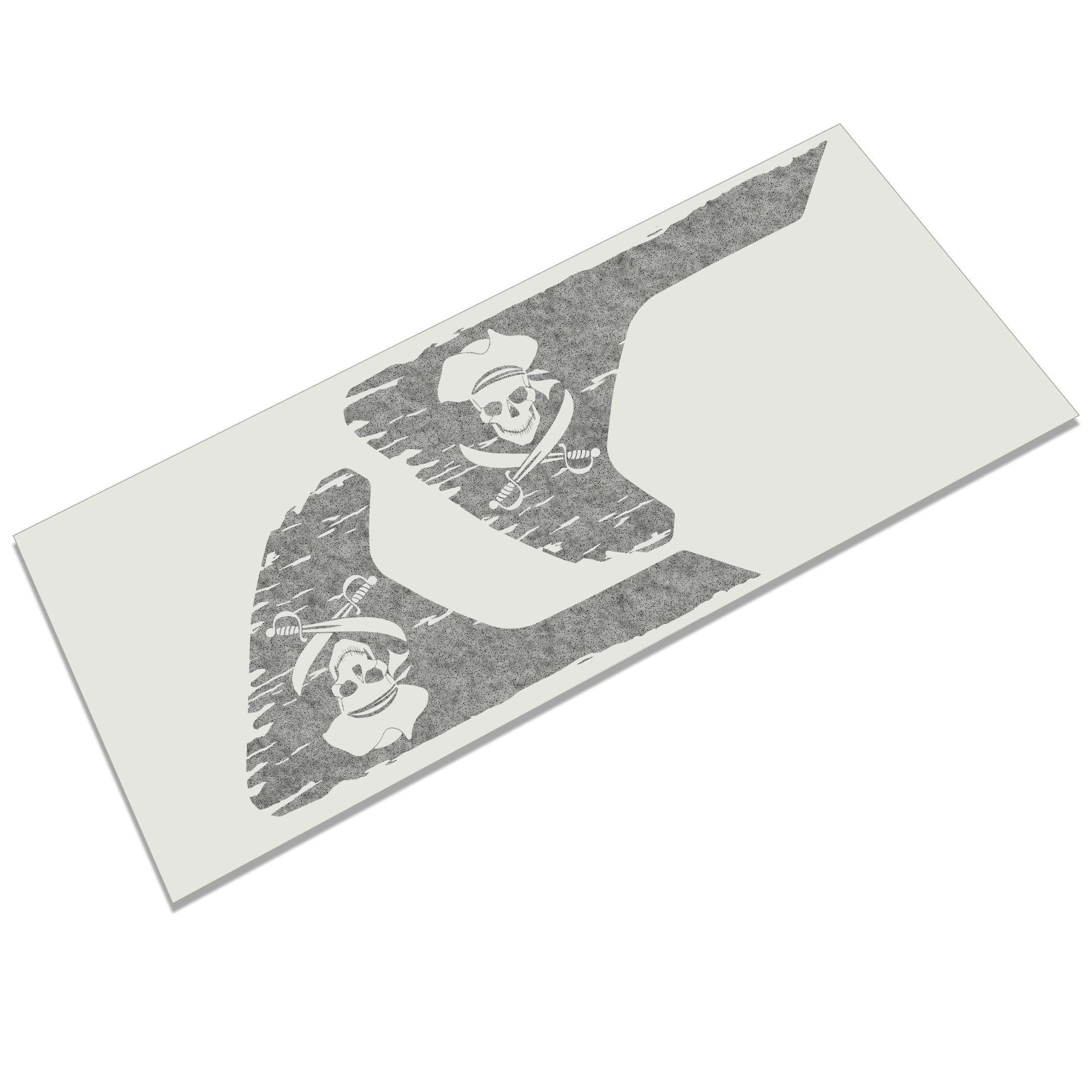 Black tattered Jolly Roger pirate skull crossed swords fender vent decal pair laid flat