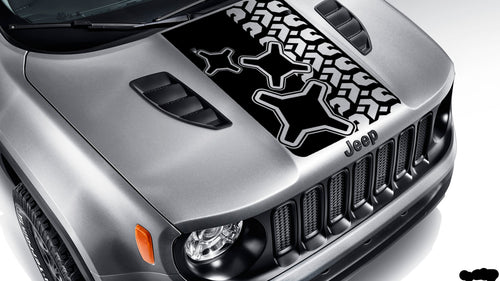 Black brake light and tire tread blackout hood vinyl decal on silver Jeep Renegade hood graphic