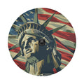 Flat round Lady Liberty tire cover art with stylized Statue of Liberty and waving American flag