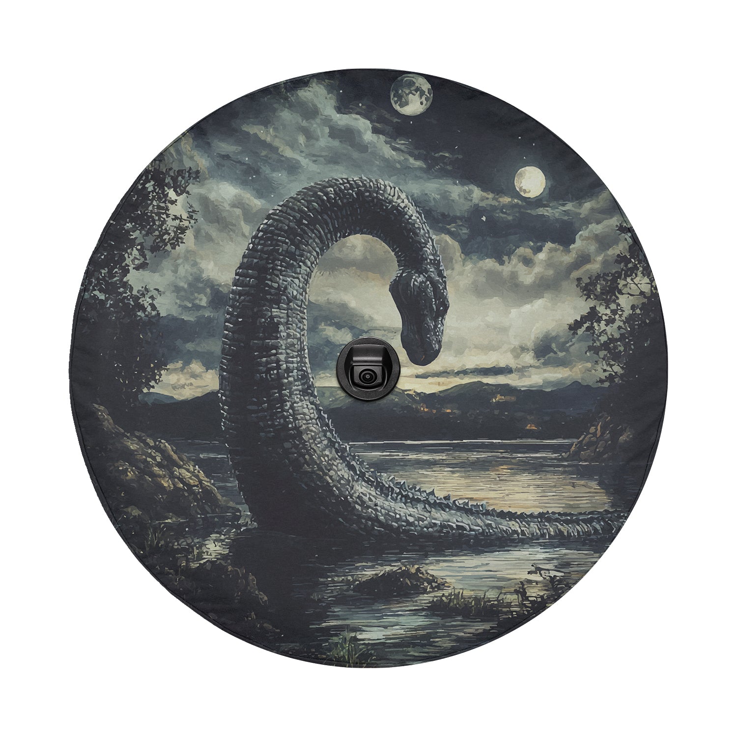 Loch Ness by Moonlight spare tire cover detail showing Nessie at lake with backup camera cutout