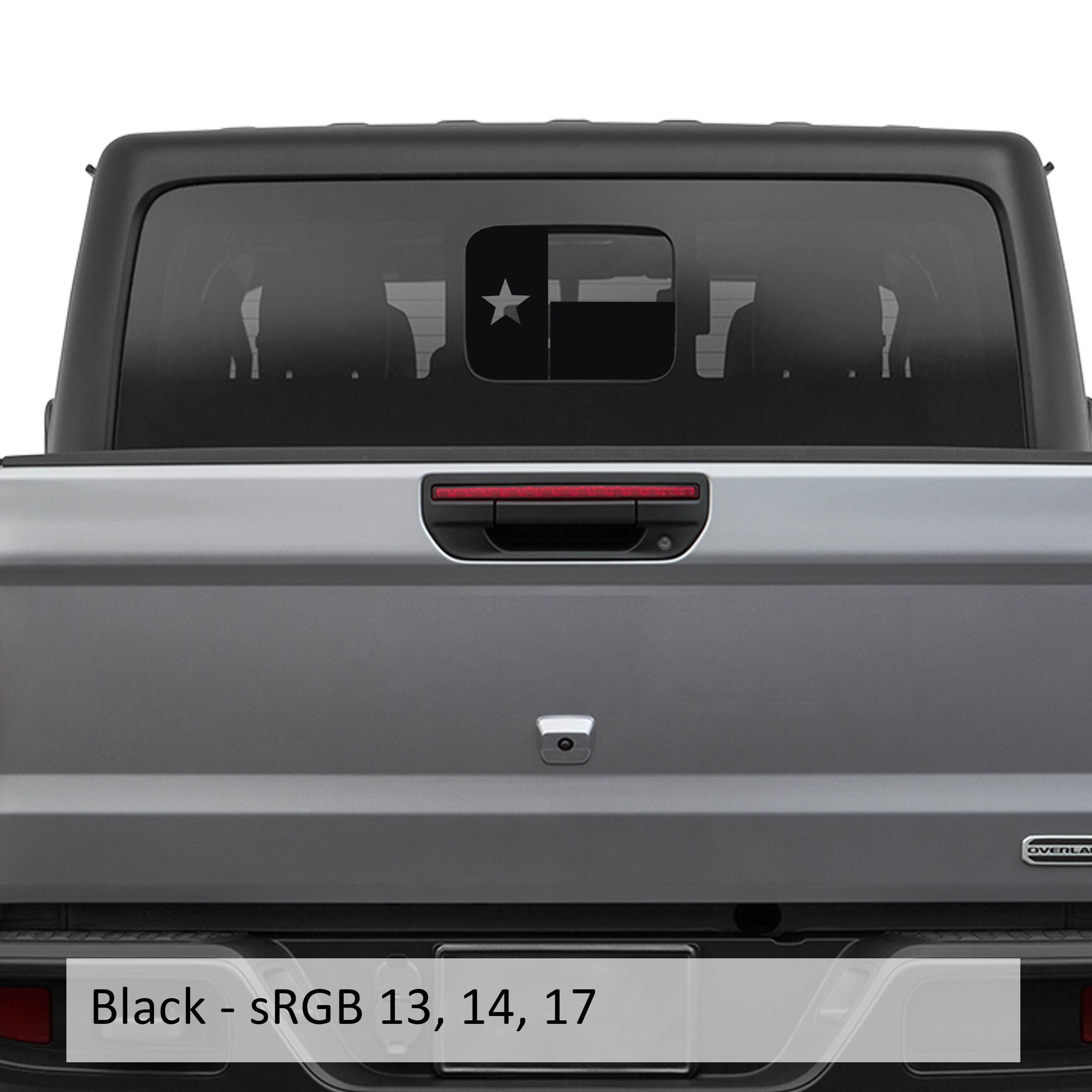 Black Texas Lonestar flag JT rear sliding window vinyl decal on Jeep Gladiator tailgate glass