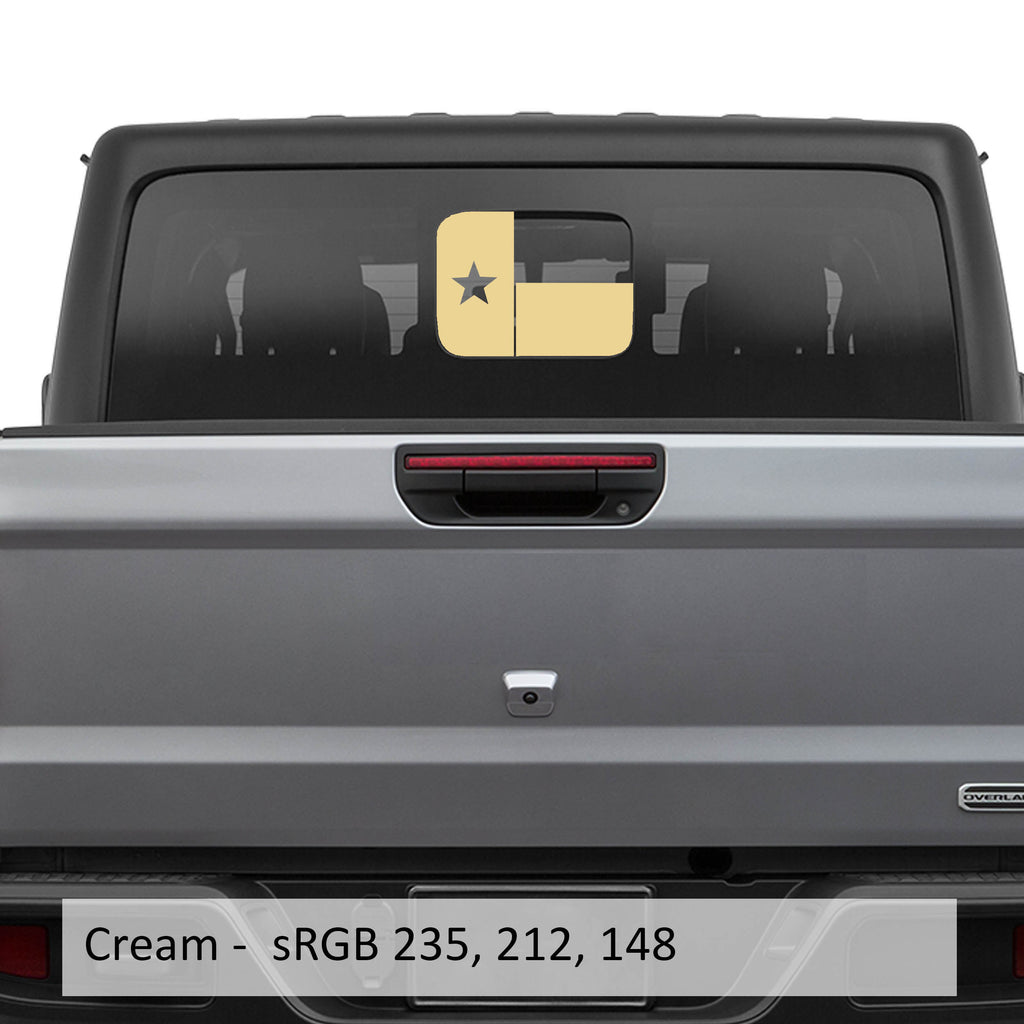 Cream Texas Lonestar flag JT rear sliding window vinyl decal on Jeep Gladiator tailgate glass