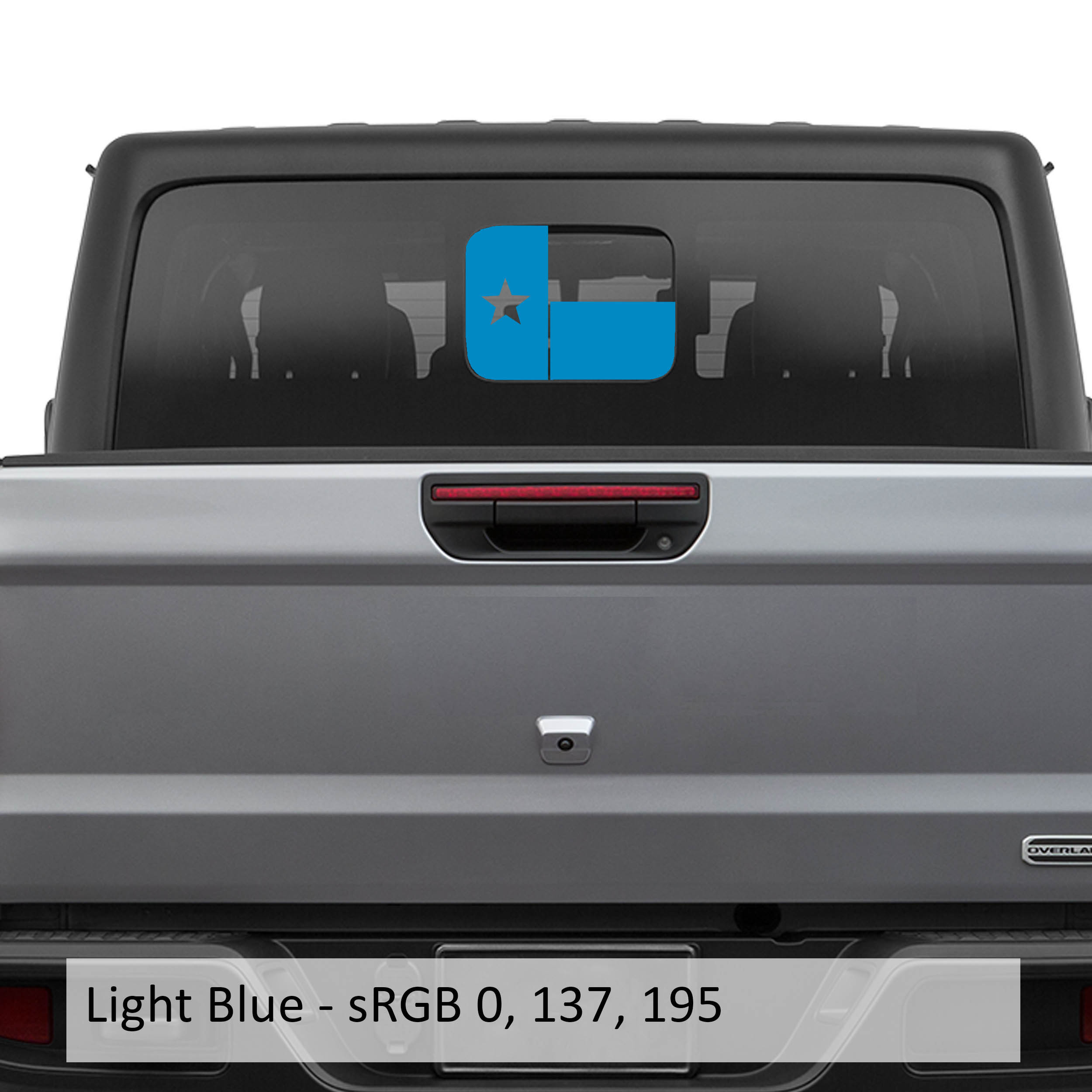 Light blue Texas Lonestar flag JT rear sliding window vinyl decal on Jeep Gladiator tailgate glass