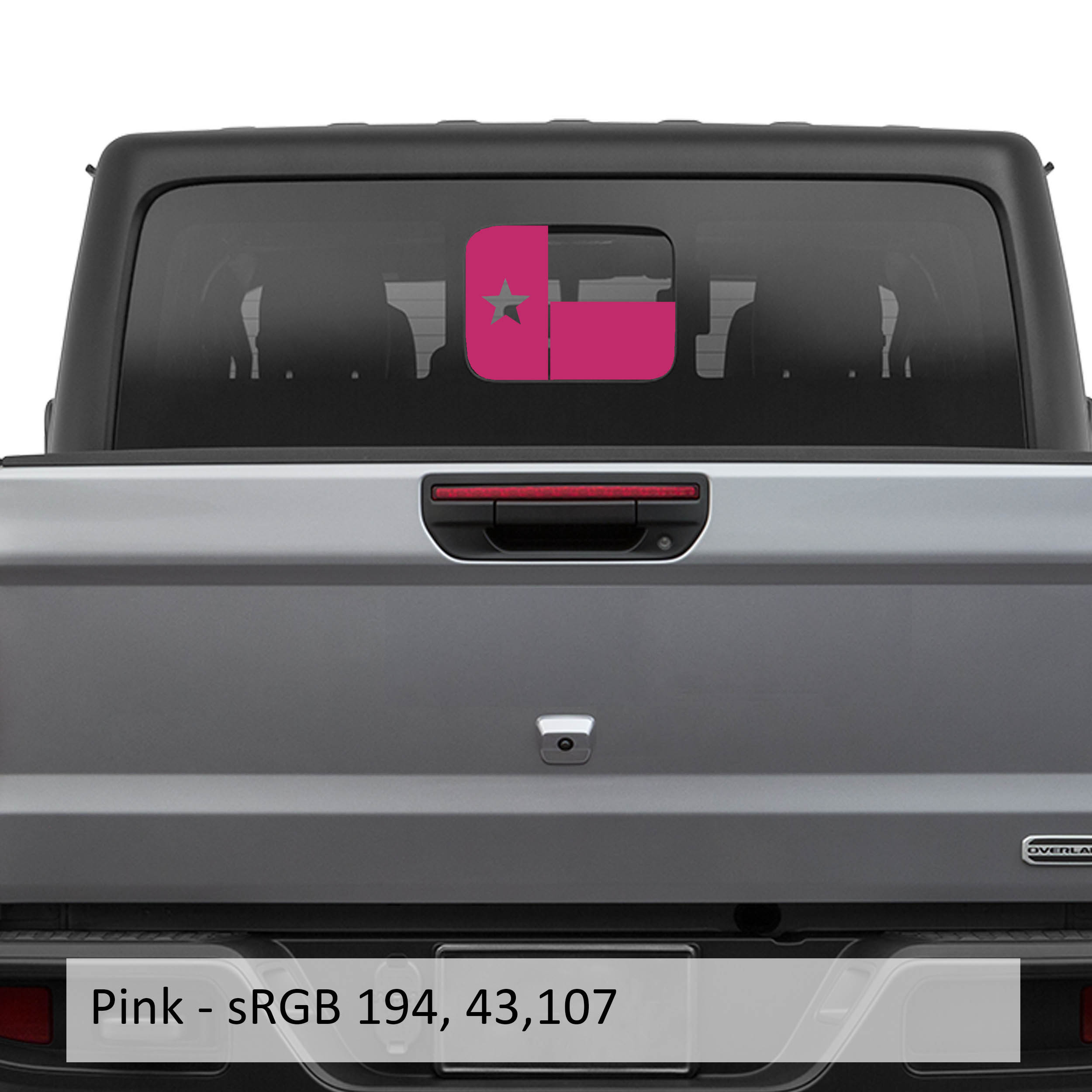 Pink Texas Lonestar flag JT rear sliding window vinyl decal on Jeep Gladiator tailgate glass