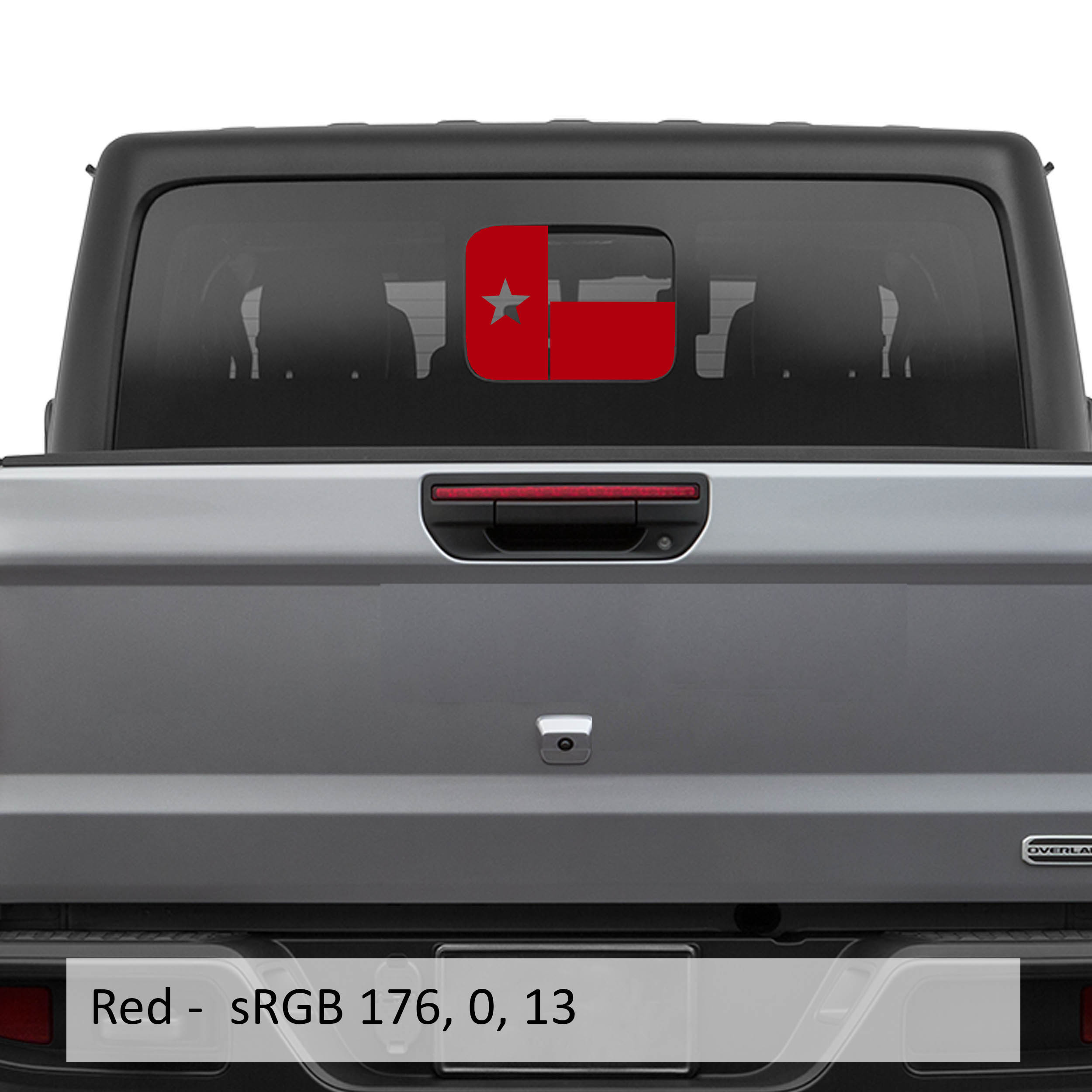 Red Texas Lonestar flag JT rear sliding window vinyl decal on Jeep Gladiator tailgate glass panel