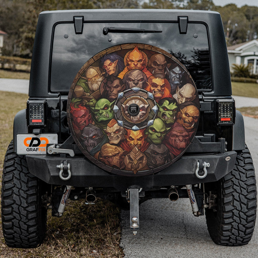 Black Jeep Wrangler with monster slayers gathering tire cover featuring stacked fantasy monster heads ring