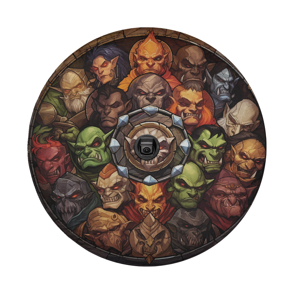 Closeup monster slayers gathering tire cover detail with goblin orc faces and backup camera cutout hole