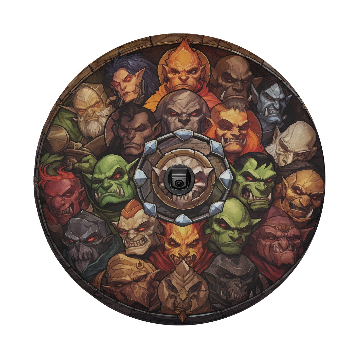Closeup monster slayers gathering tire cover detail with goblin orc faces and backup camera cutout hole