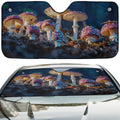 Mushroom Patch auto sunshade artwork displayed flat above an installed windshield mockup view perspective