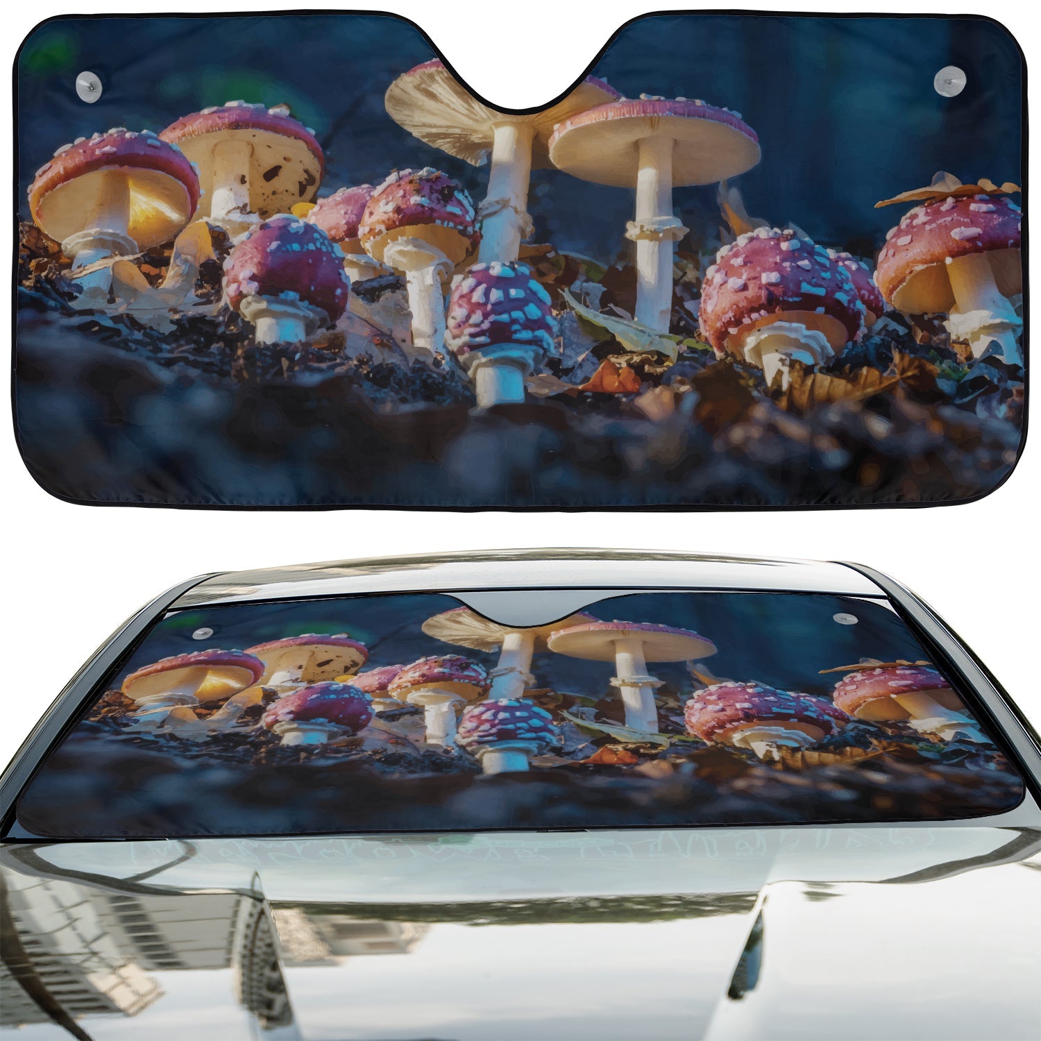 Mushroom Patch auto sunshade artwork displayed flat above an installed windshield mockup view perspective