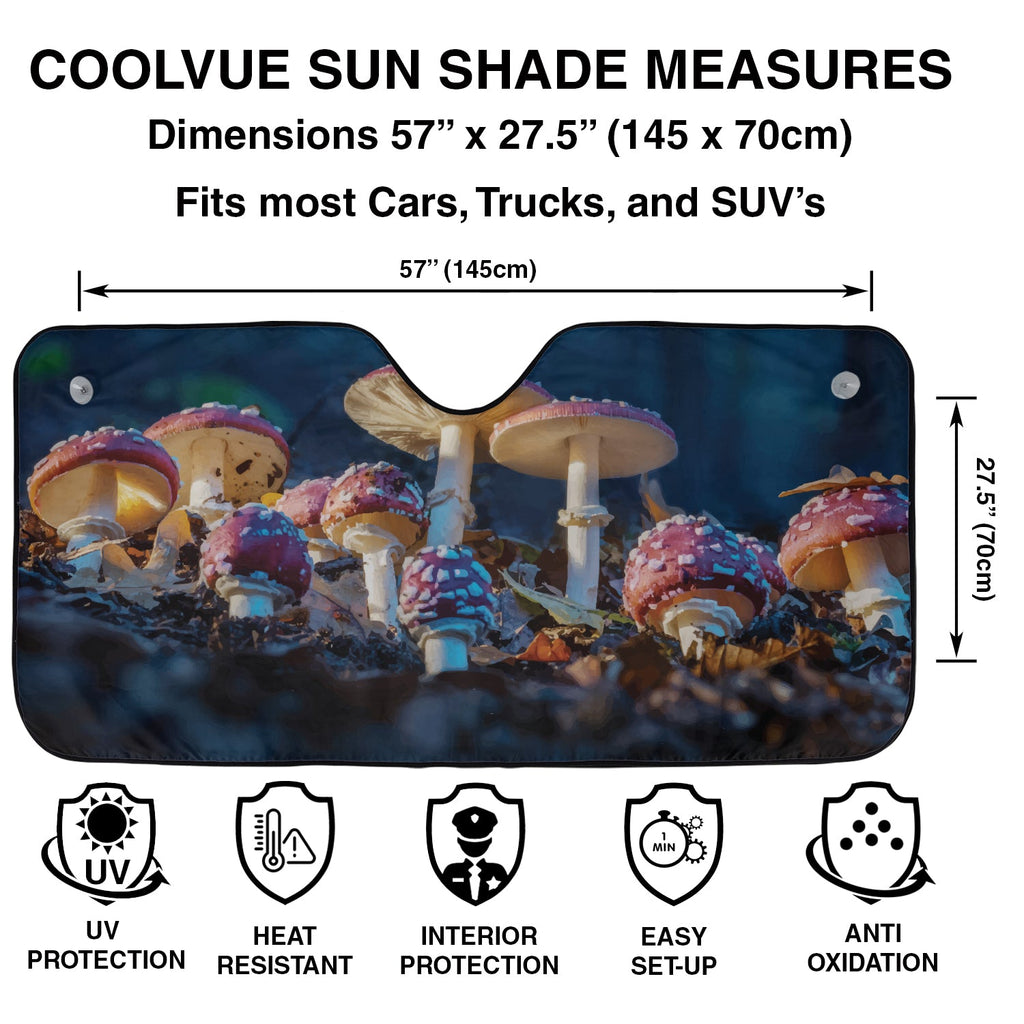 Mushroom Patch windshield sunshade specs panel with 57 by 27.5 inch dimensions plus UV protection icons