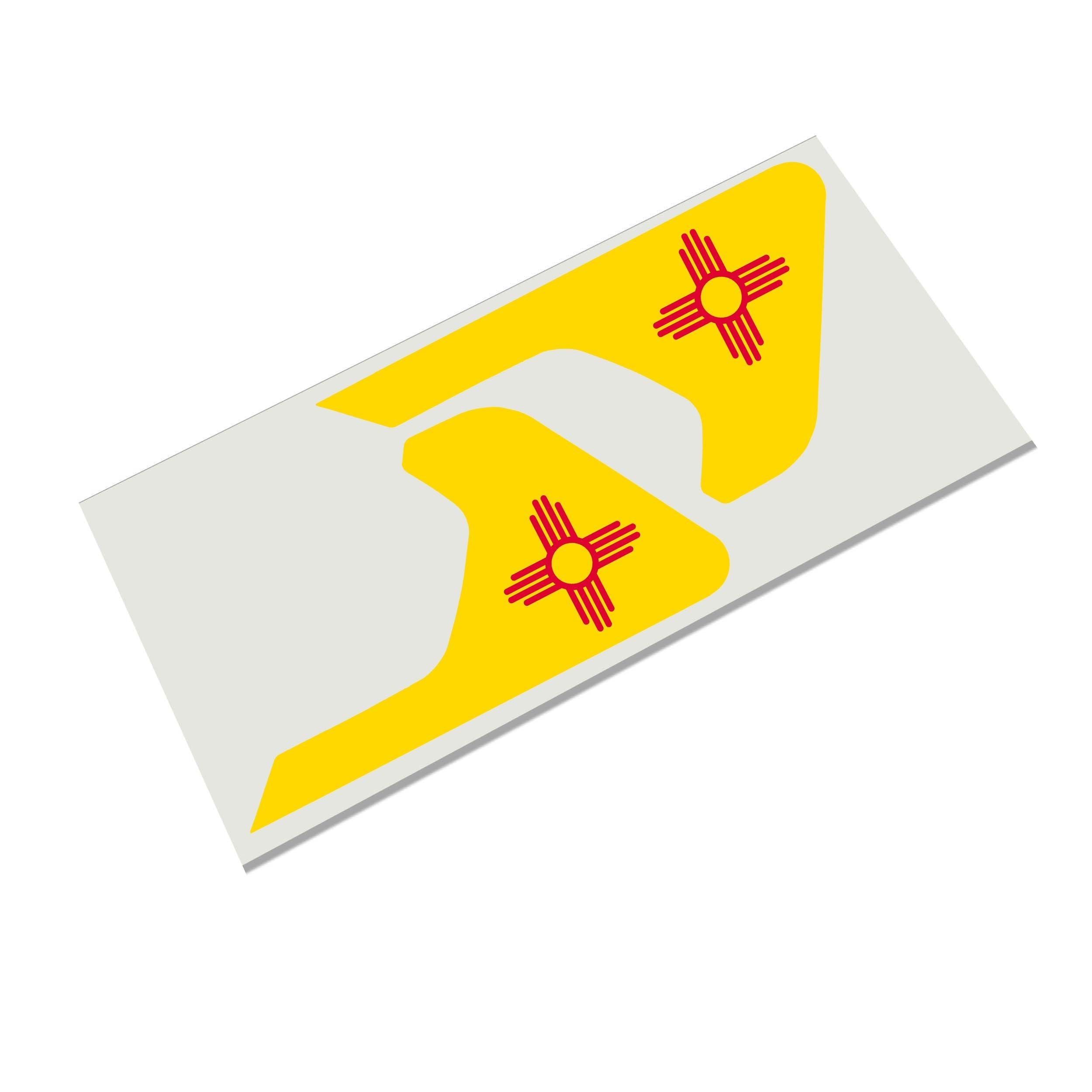 New Mexico state flag Zia sun die-cut decal infographic showing waterproof outdoor durability
