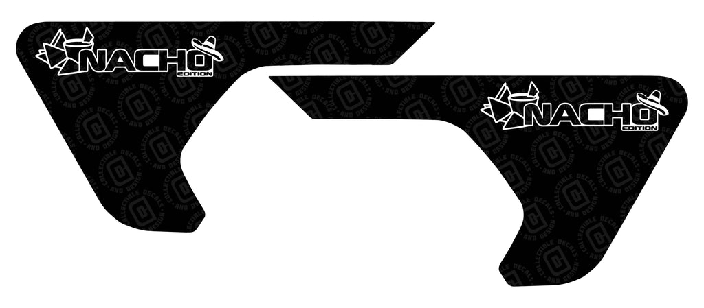 Nacho Chip Edition fender vent vinyl decal layout pair shown laid flat with white sombrero logo