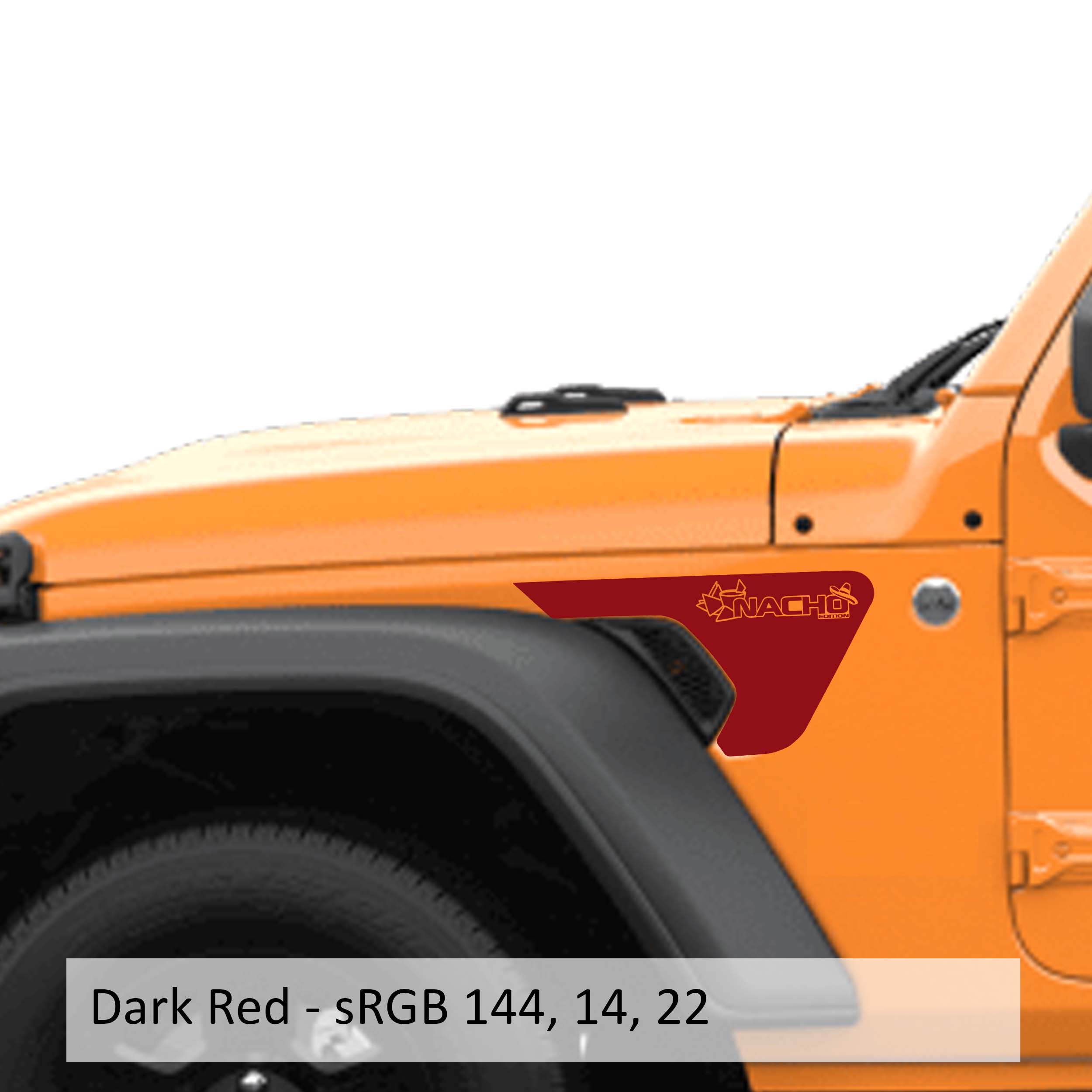 Dark red Nacho Chip Edition fender vent decal applied to an orange Jeep Wrangler JL front fender