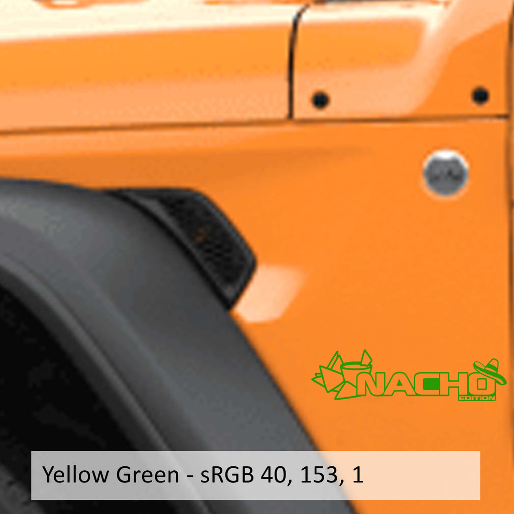 Yellow green Nacho Chip Edition v2 Wrangler Gladiator fender decal pair on transparent transfer sheet preview