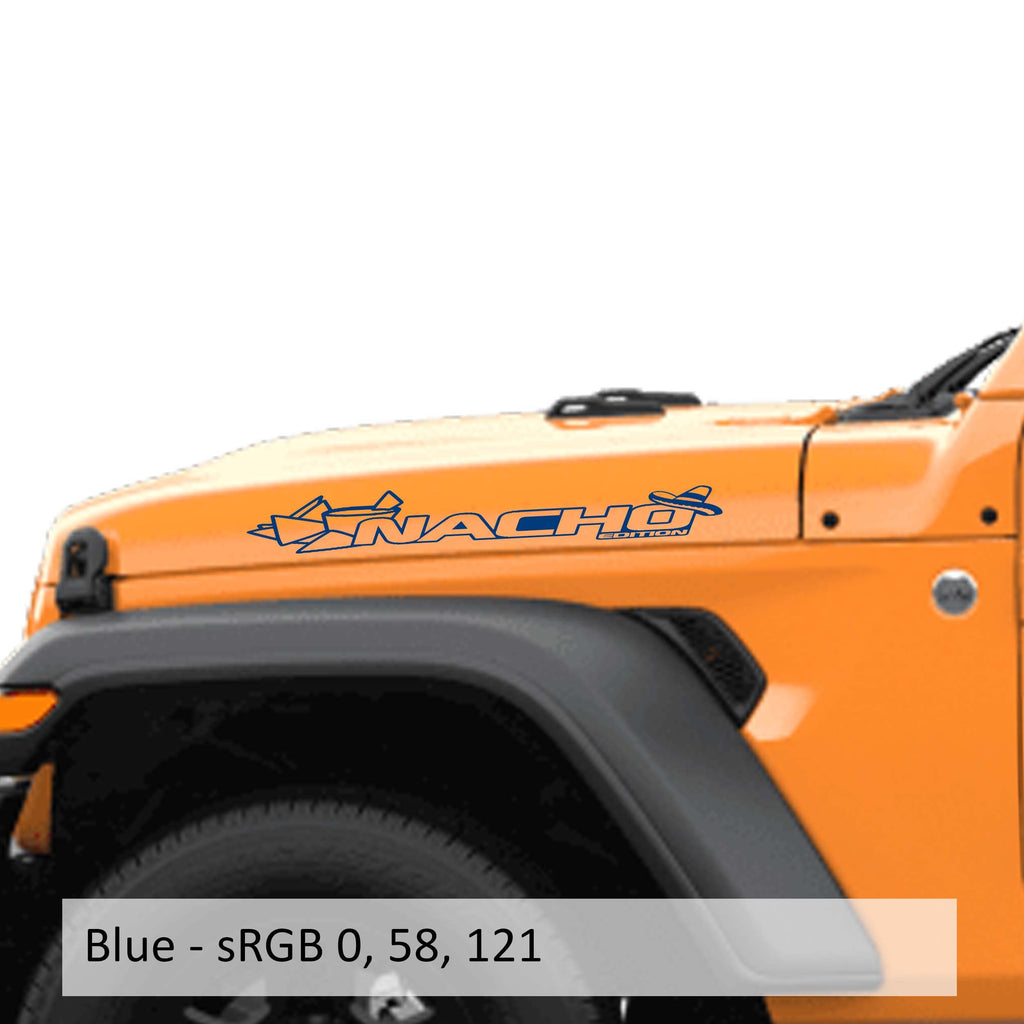 Blue Nacho Chip Edition v2 Jeep side hood decal pair shown on transparent transfer sheet preview