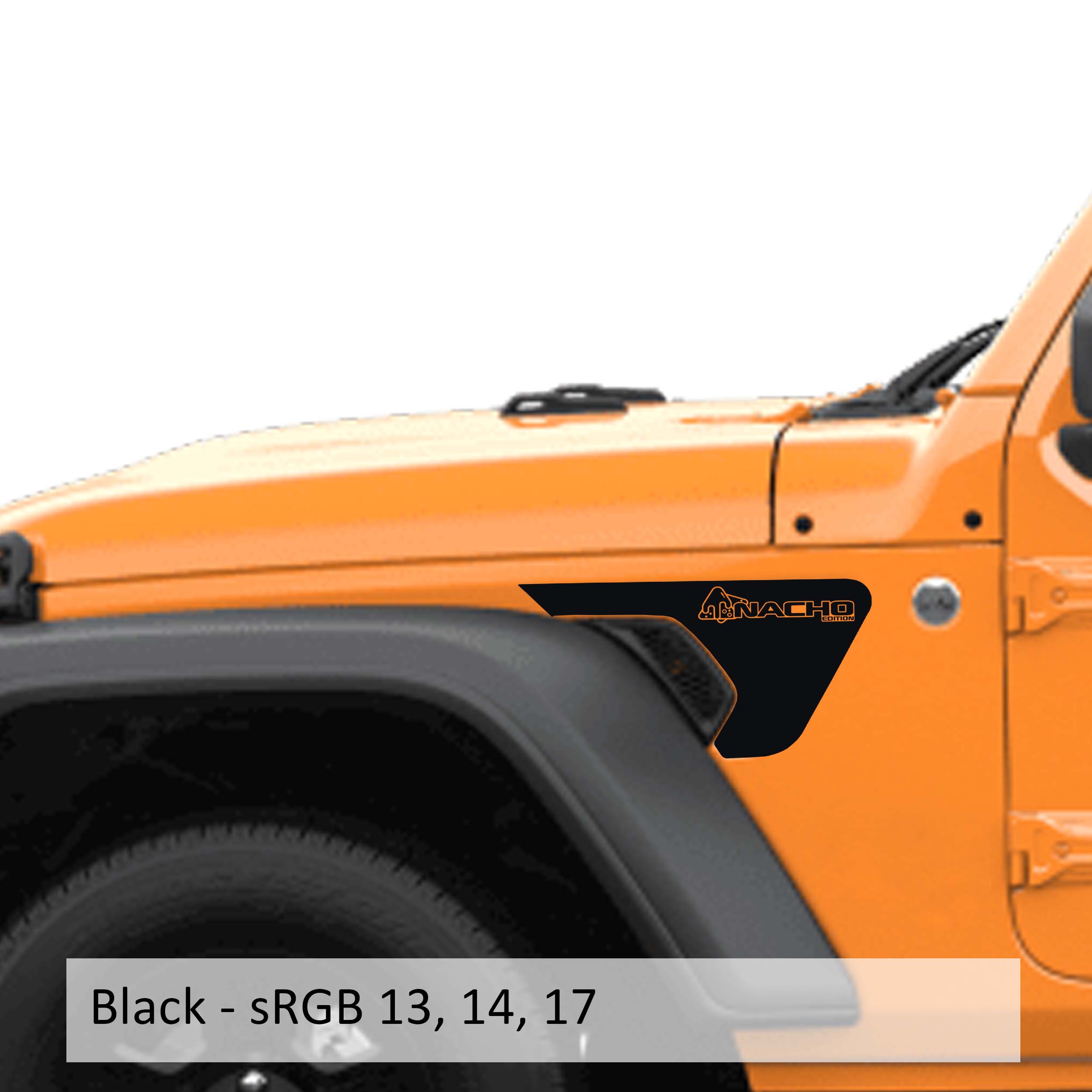 Black Nacho Edition v1 fender vent vinyl decal pair laid flat with white outlined sombrero logo
