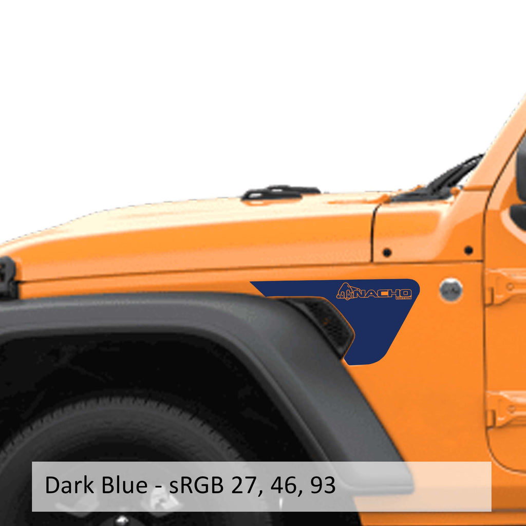 Dark blue Nacho Edition v1 fender vent vinyl transfer decal pair shown laid flat showing logo