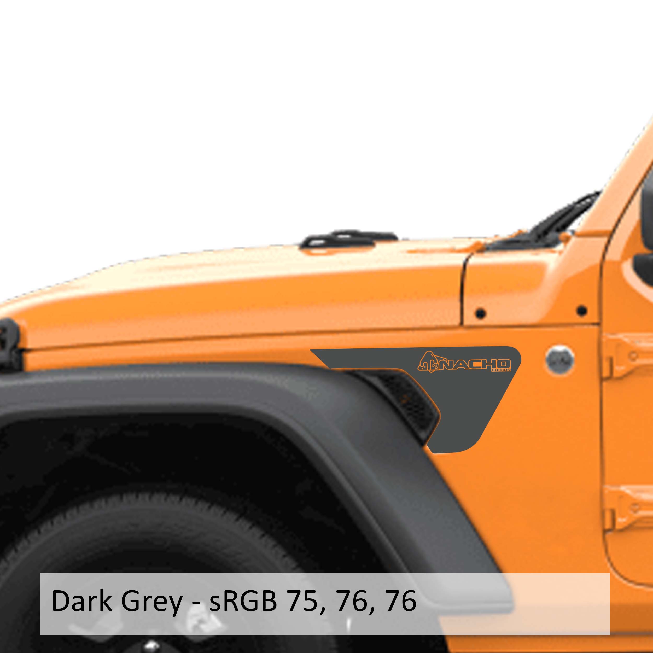 Dark grey Nacho Edition v1 fender vent vinyl transfer decal pair shown laid flat with logo