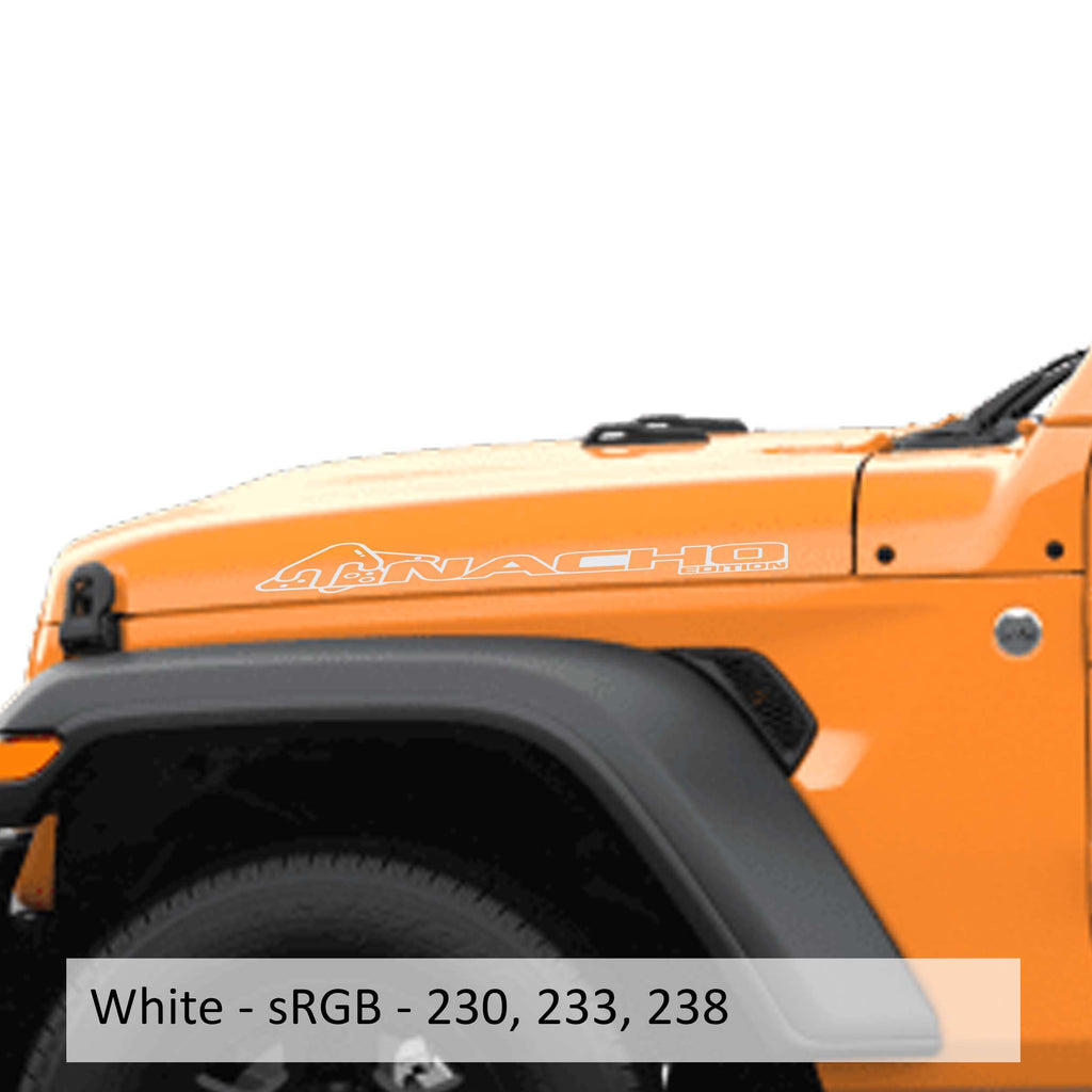 White Nacho Edition v1 Jeep side hood decal pair shown on transparent transfer sheet preview