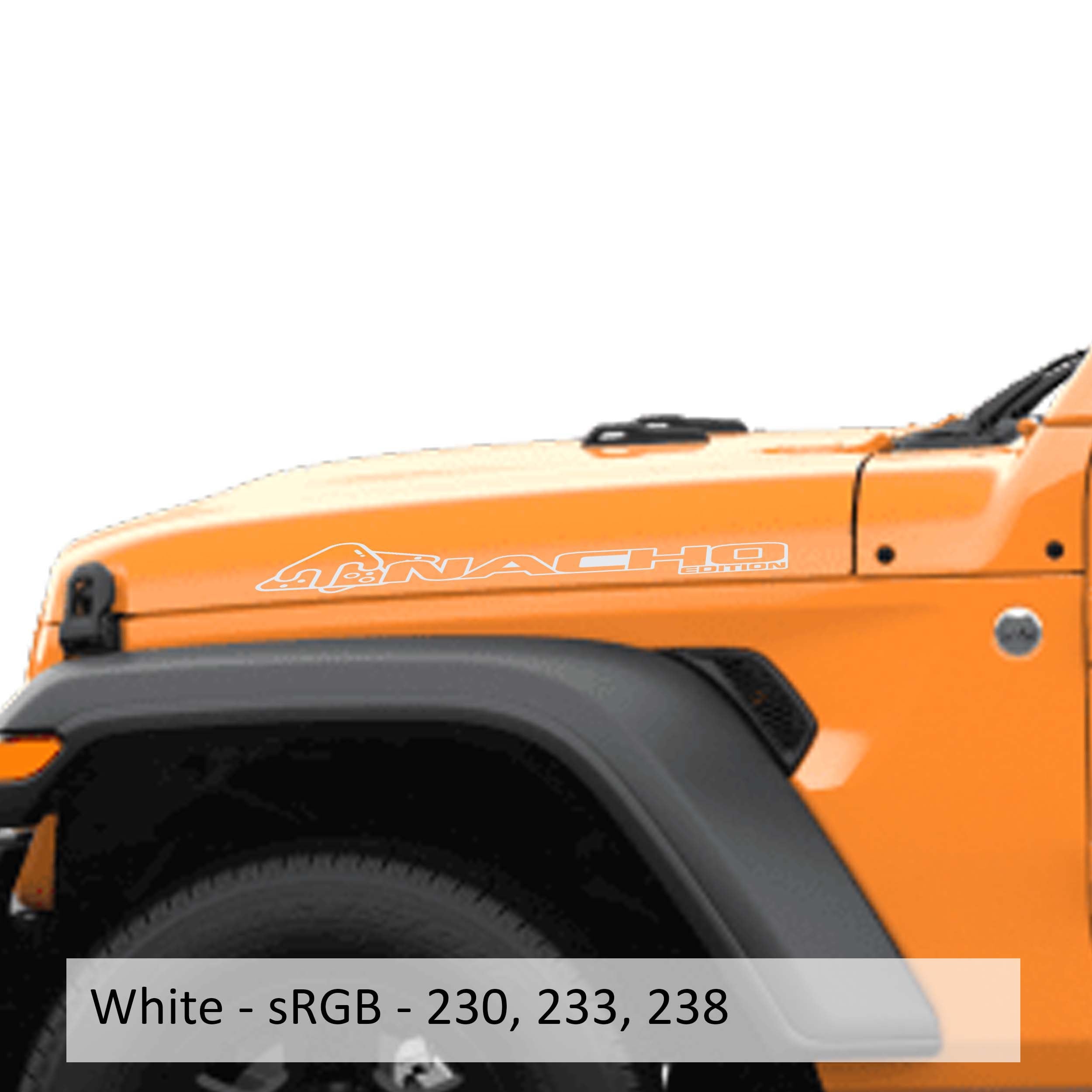 White Nacho Edition v1 Jeep side hood decal pair shown on transparent transfer sheet preview