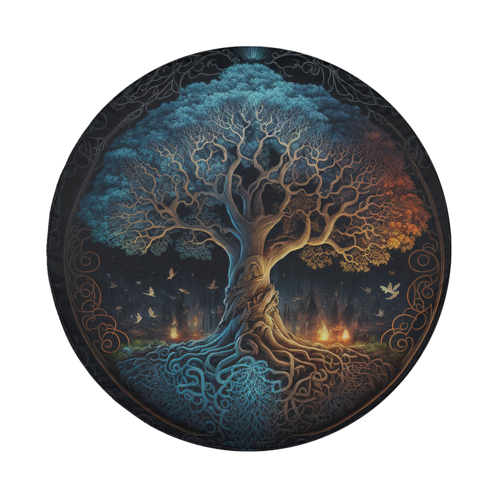 Norse Tree of Life spare tire cover no camera variant mounted on red Ford Bronco SUV red rock desert