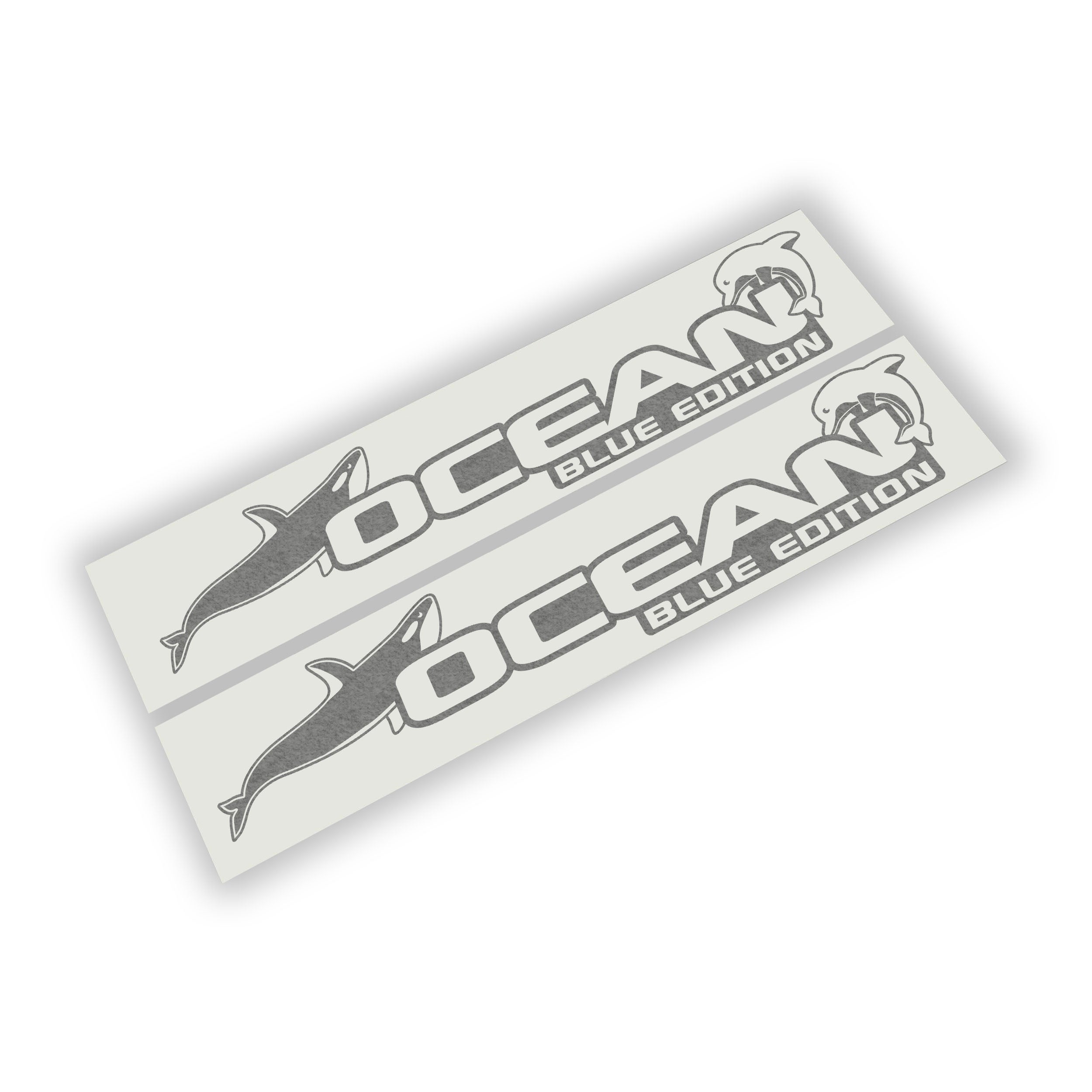 Grey Ocean Blue Edition dolphin lettering side hood vinyl decal pair shown laid flat