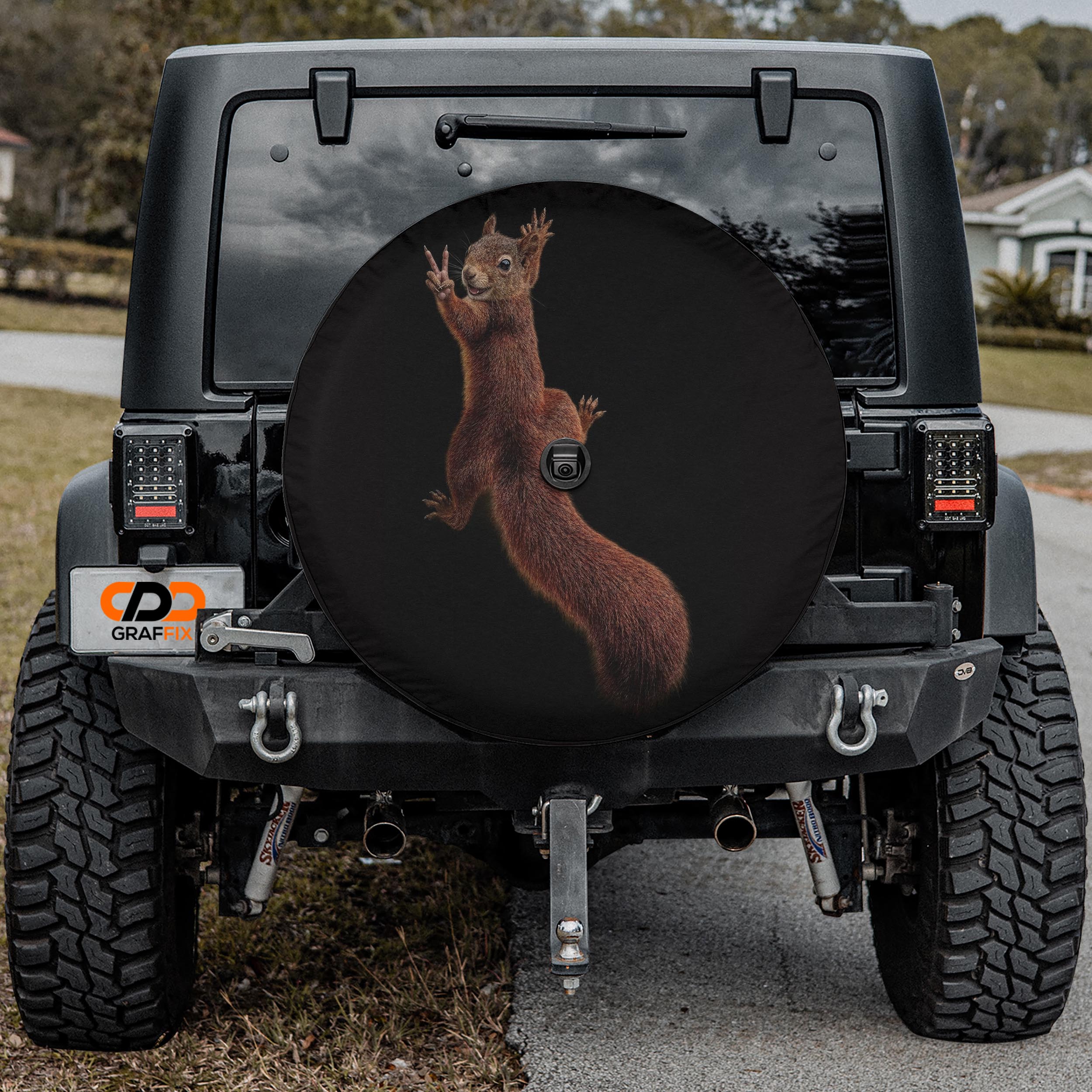 Hanging Peace Squirrel Spare Tire Cover With Backup Camera Hole