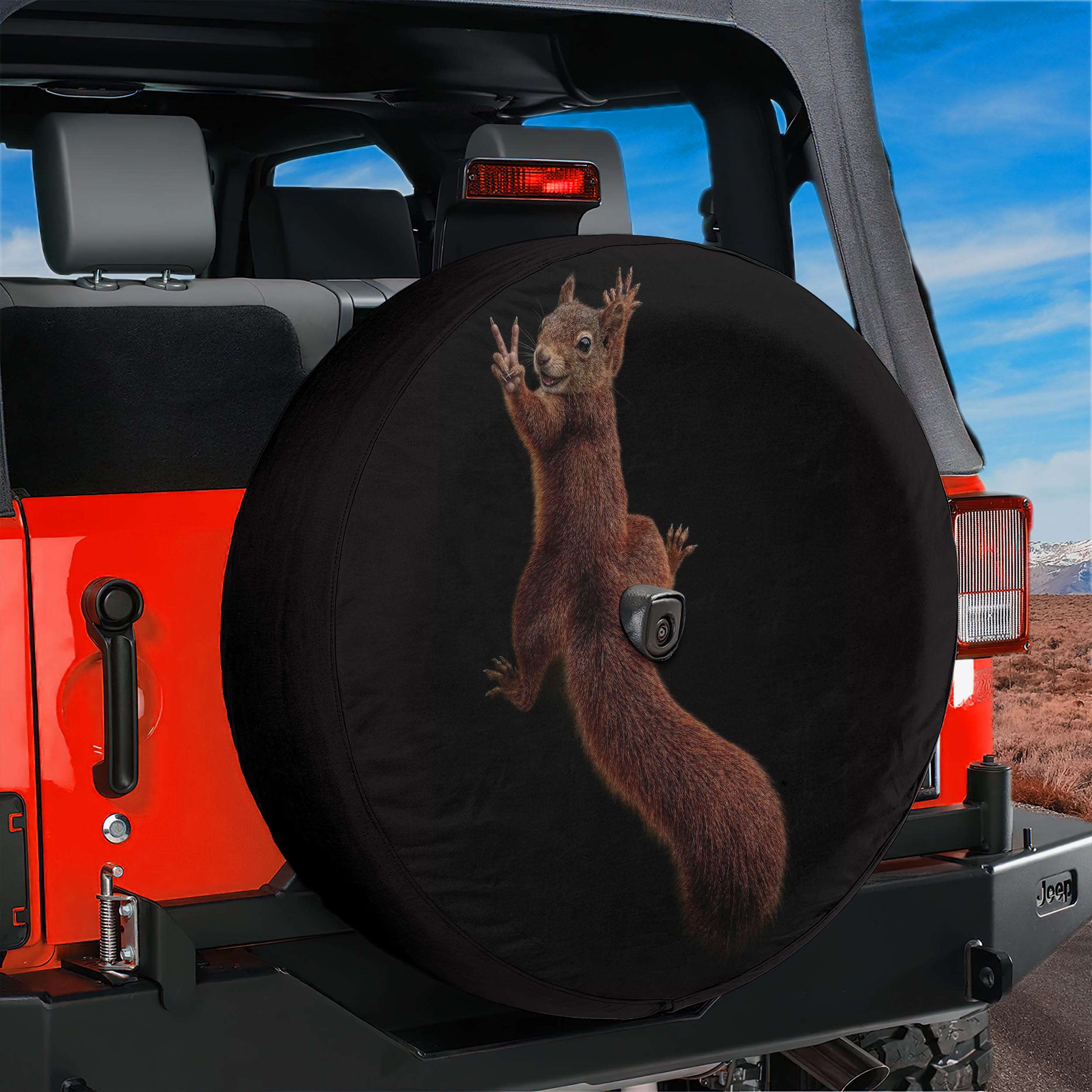 Hanging Peace Squirrel Spare Tire Cover With Backup Camera Hole