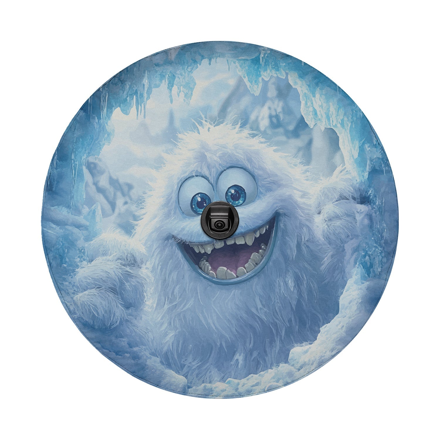 Yeti Peek-a-Boo spare tire cover laid flat for fitment showing the playful yeti artwork across the durable canvas