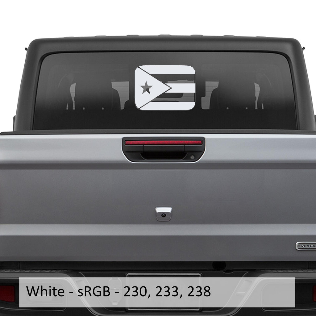 White Puerto Rico flag rear sliding window vinyl decal applied to Gladiator JT tailgate