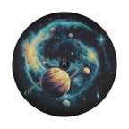 Planetary Pathways spare tire cover laid flat for fitment showing the orbiting planets design across the canvas