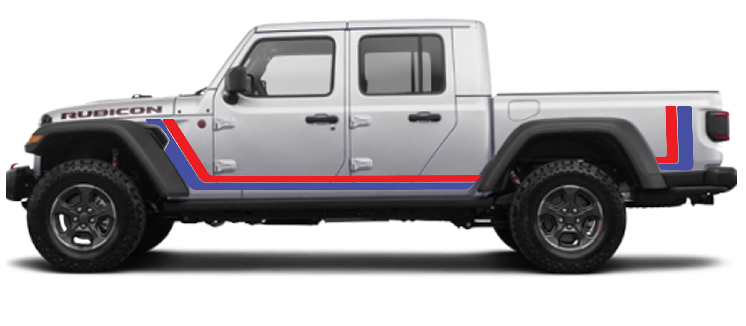 Blue and red retro Scrambler body stripe kit applied along the side of a 2020+ JT Gladiator