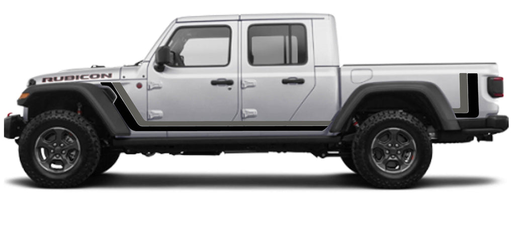Black and dark gray retro Scrambler body stripe kit on side of a 2020+ JT Gladiator truck