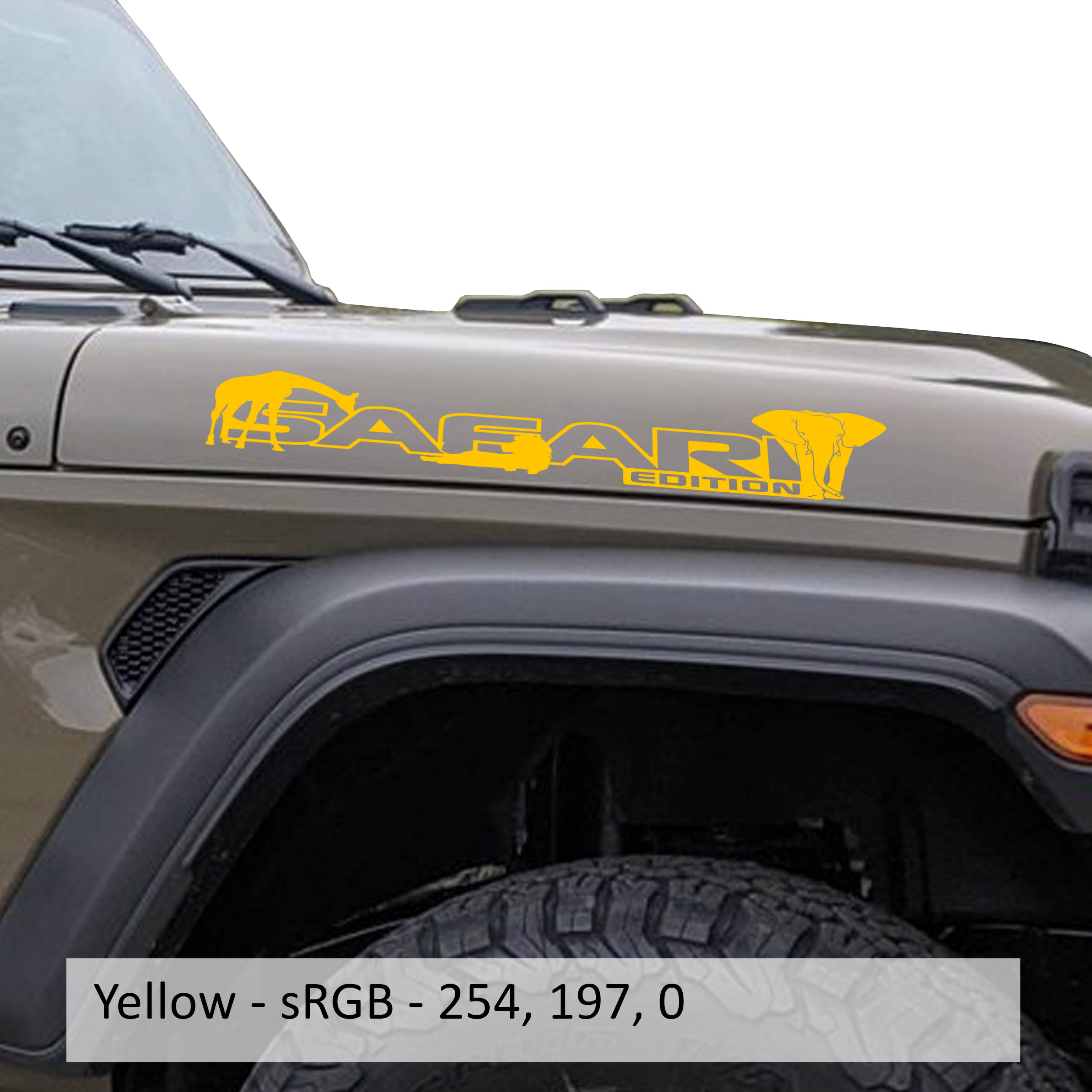 Yellow Safari Edition giraffe and elephant outline letter side hood decal pair close-up product view