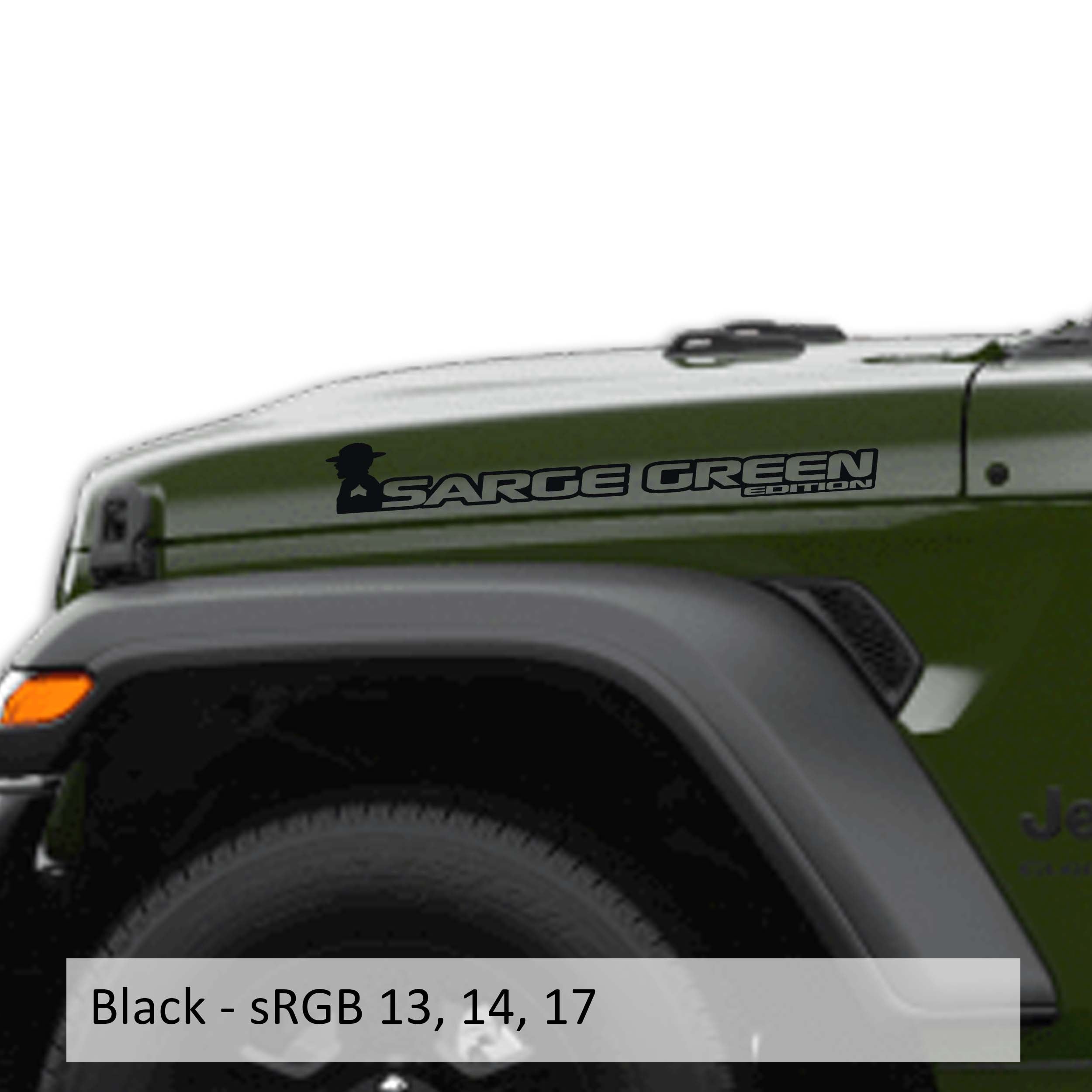 Black Sarge Green edition side hood decal mockup pair for Jeep Wrangler JL Gladiator JT
