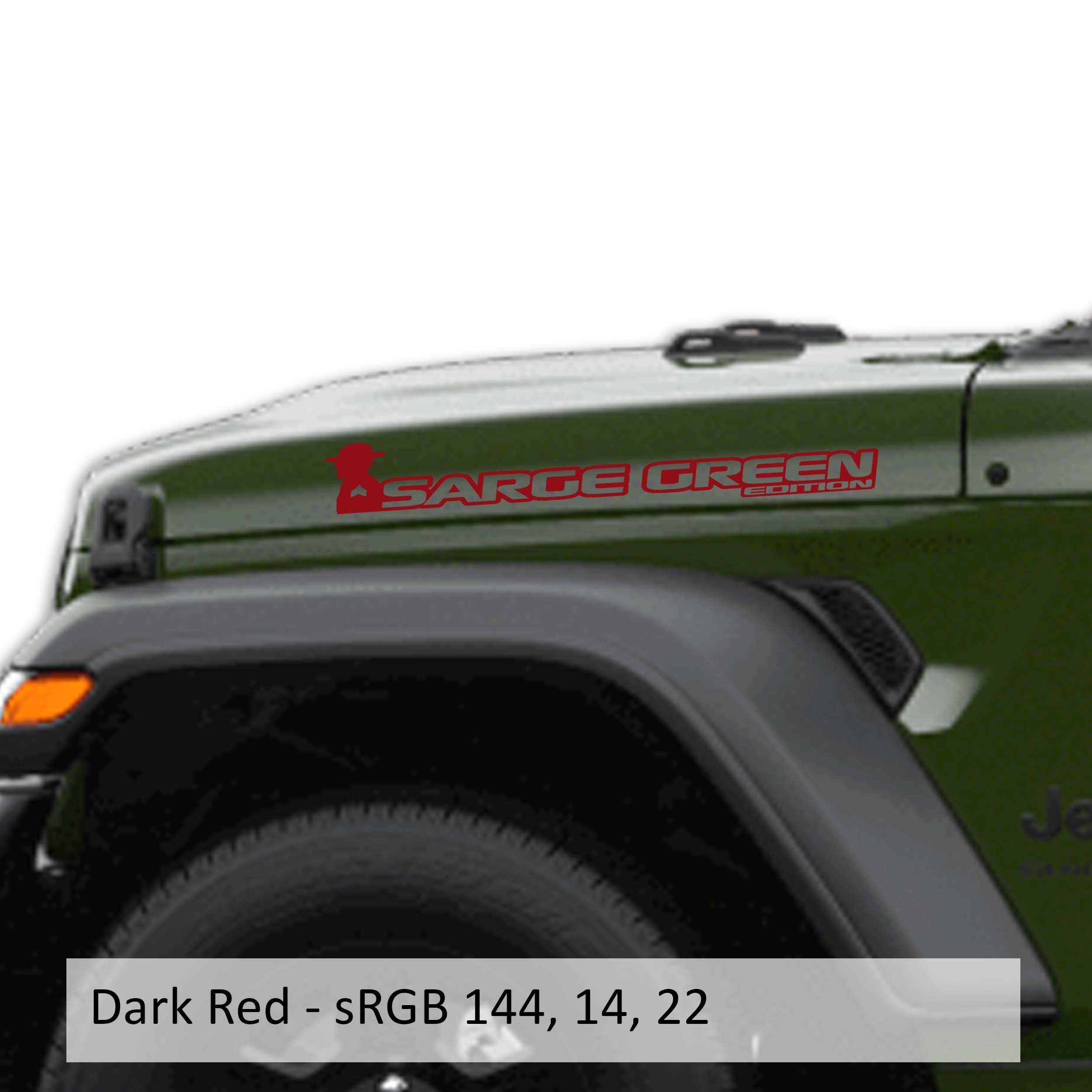 Dark red Sarge Green edition side hood decal mockup pair for Jeep Wrangler JL Gladiator JT