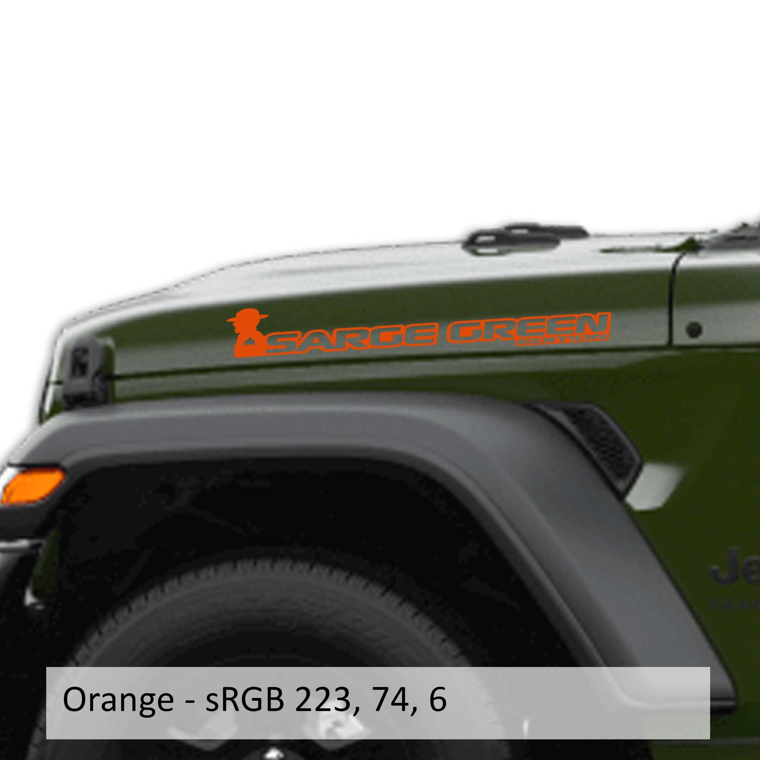 Orange Sarge Green edition side hood decal mockup pair for Jeep Wrangler JL Gladiator JT