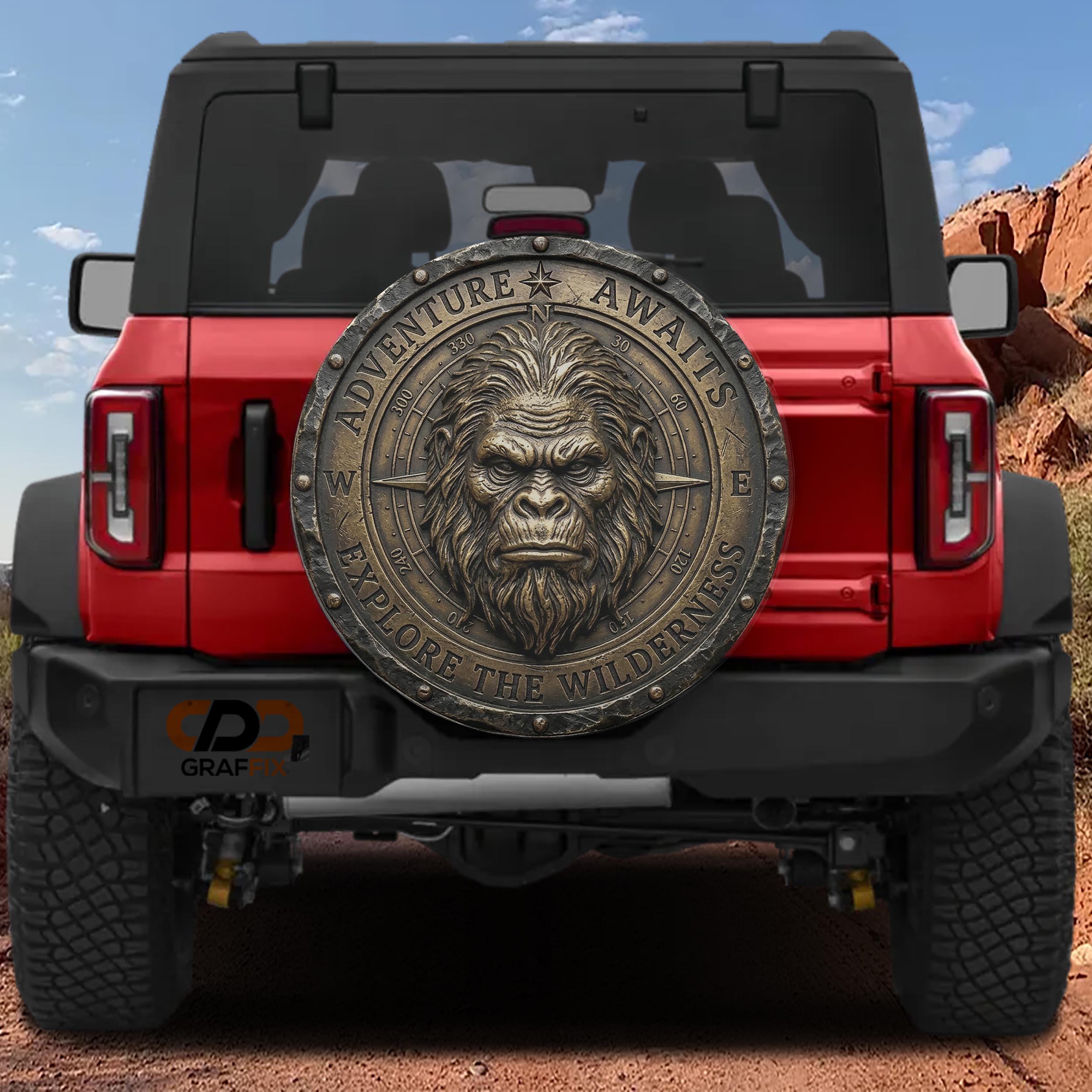 Bronze Compass Sasquatch Adventure Awaits Spare Tire Cover With Backup Camera Hole