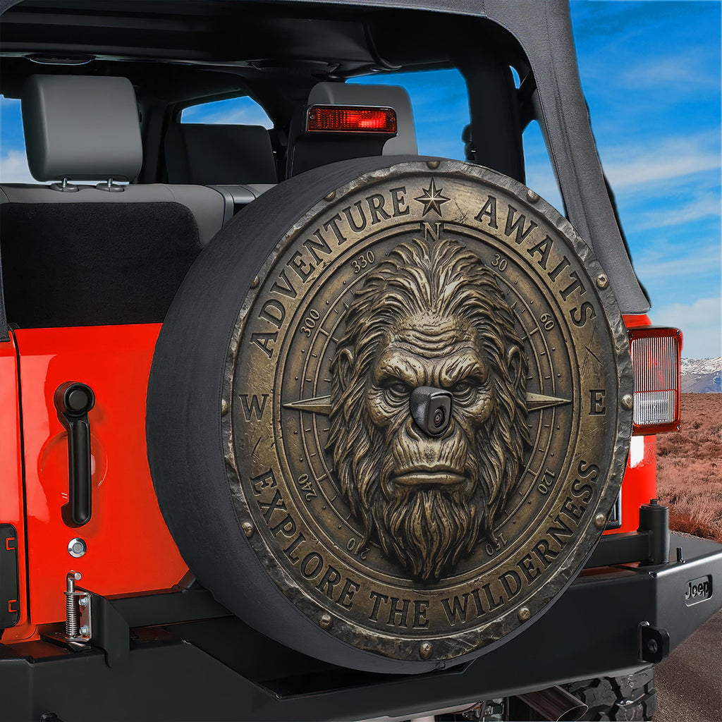 Bronze Compass Sasquatch Adventure Awaits Spare Tire Cover With Backup Camera Hole