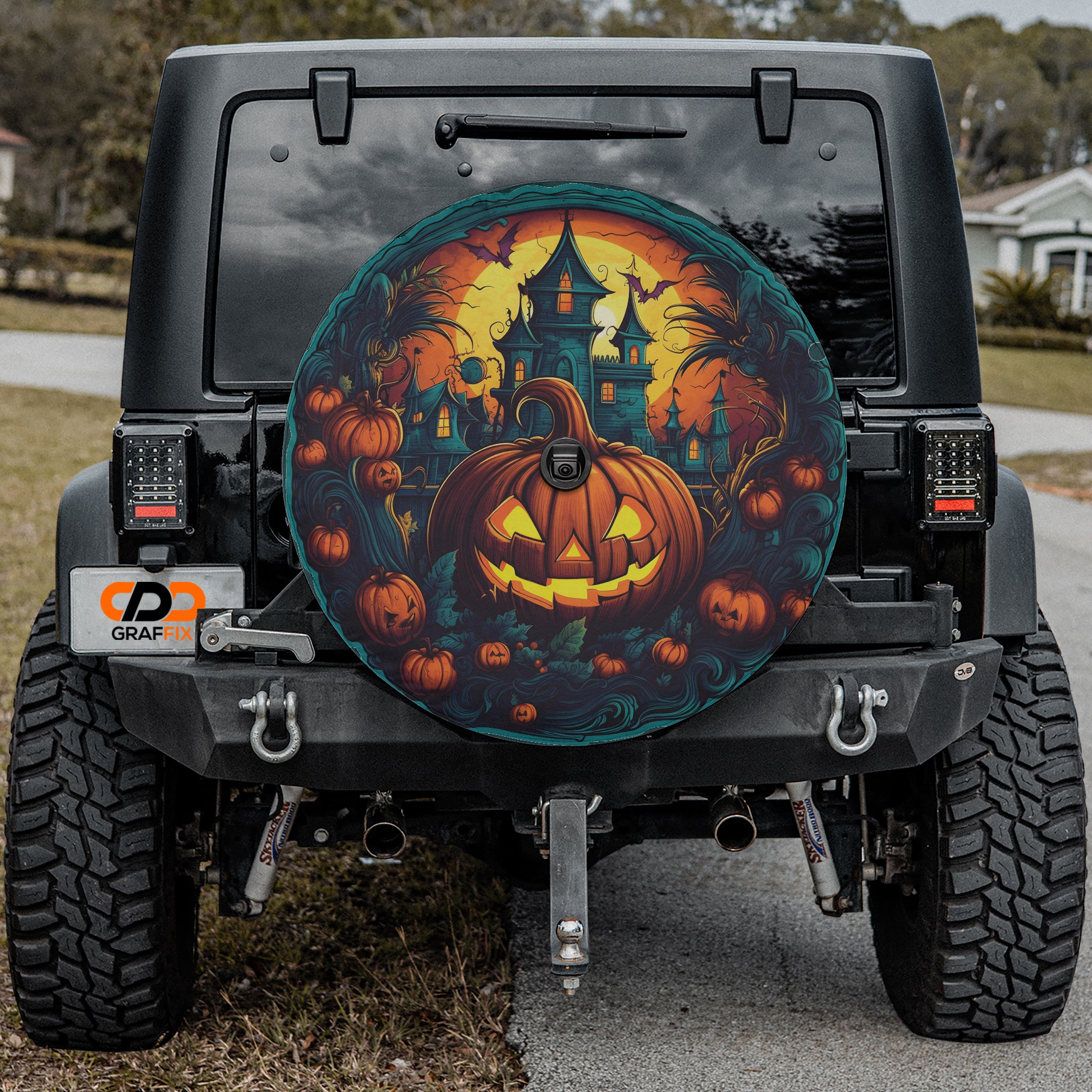 Scarry Pumpkin Patch Spare Tire Cover With Backup Camera Hole Option