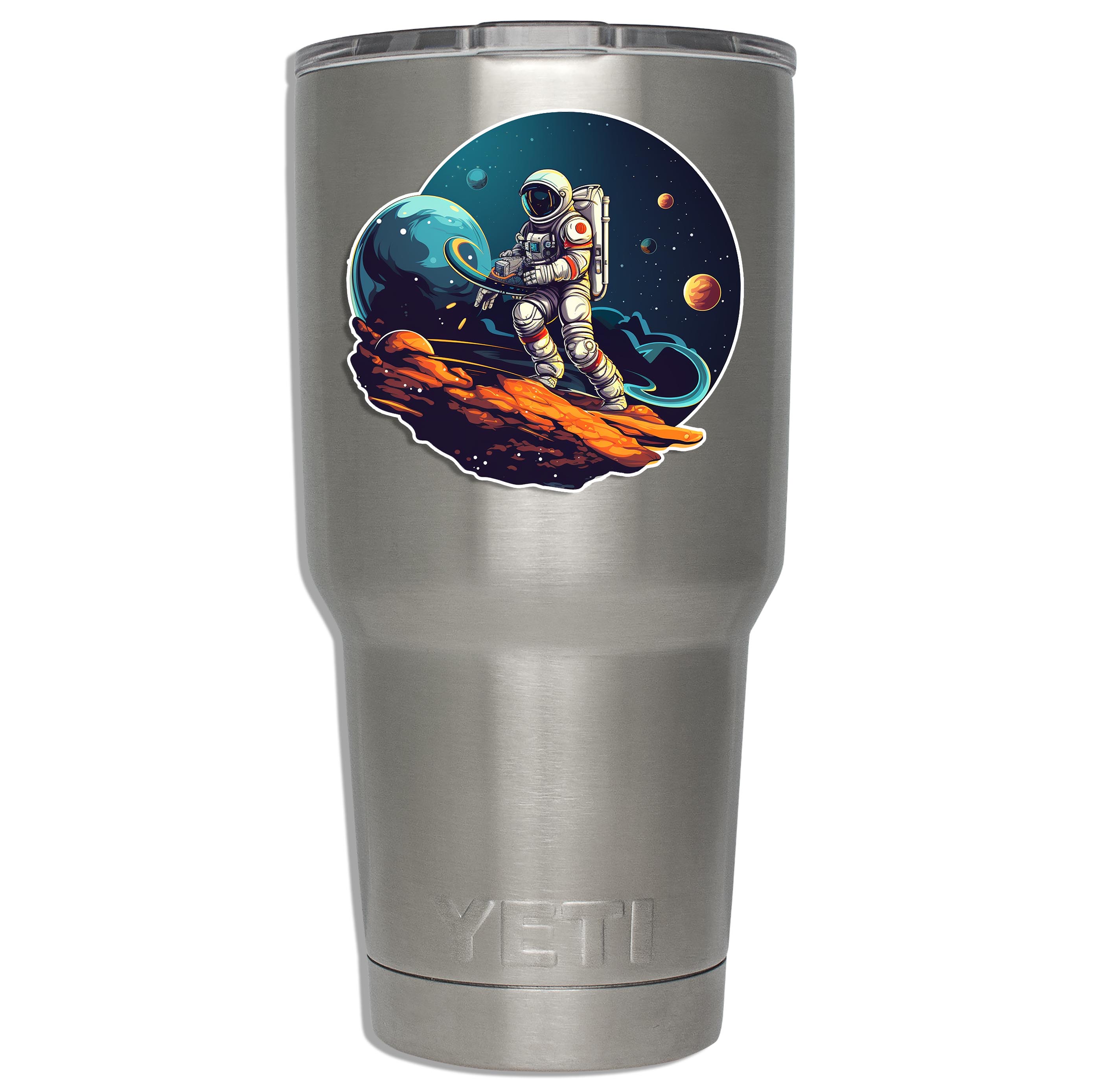 Asteroid astronaut decal mounted on a stainless YETI tumbler showing applied size on insulated drinkware