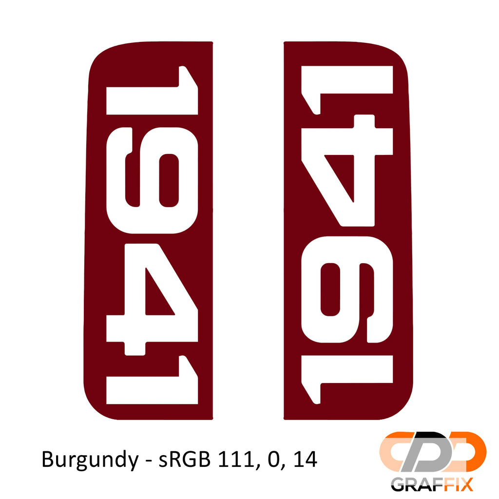 Burgundy 1941 vertical side window decal shown on Jeep Wrangler JKU rear quarter door glass