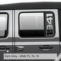 Dark gray 1941 side window vinyl decal set installed on Jeep Wrangler JL rear glass