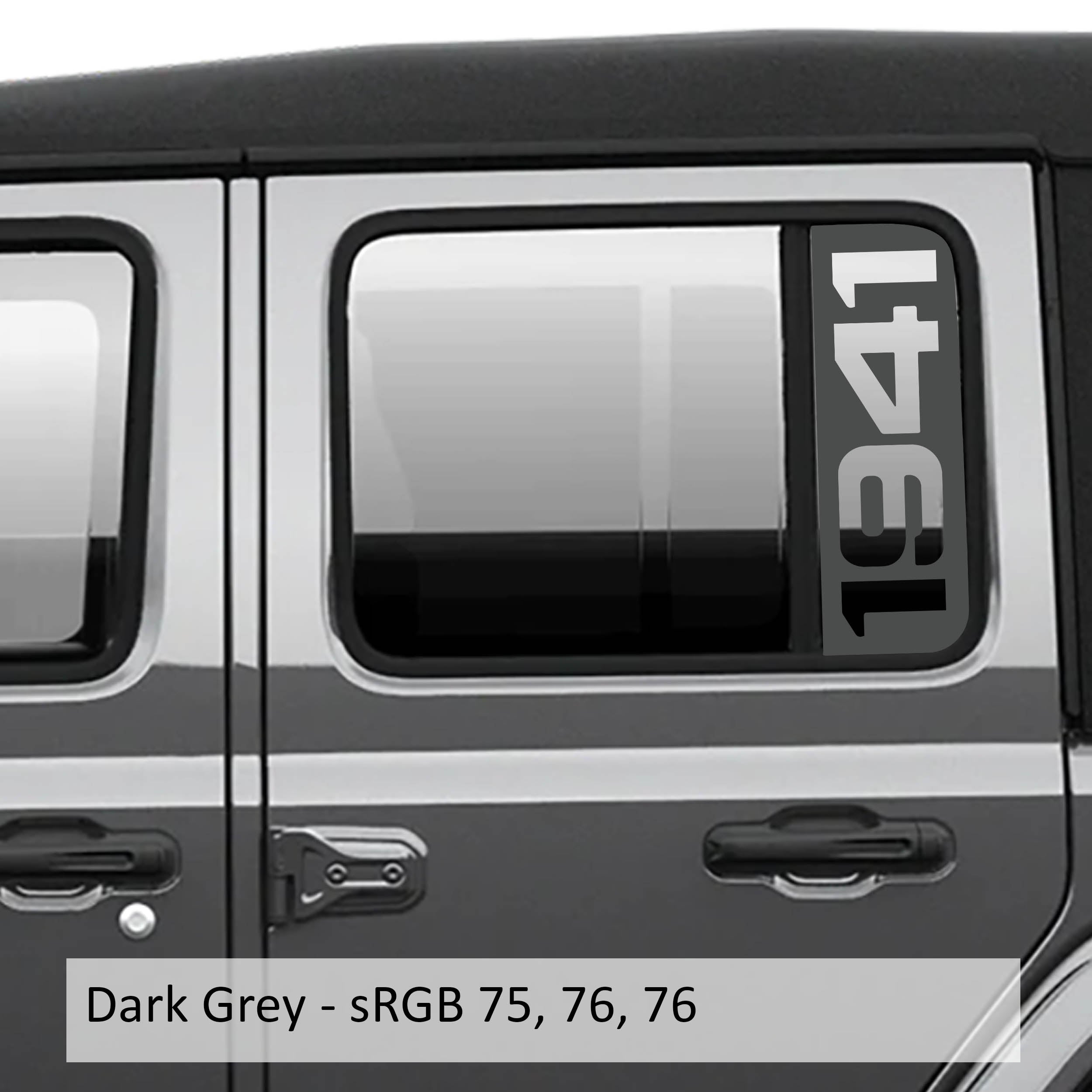 Dark gray 1941 side window vinyl decal set installed on Jeep Wrangler JL rear glass