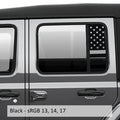 Black American flag side window vinyl decal set installed on Jeep Wrangler JL glass