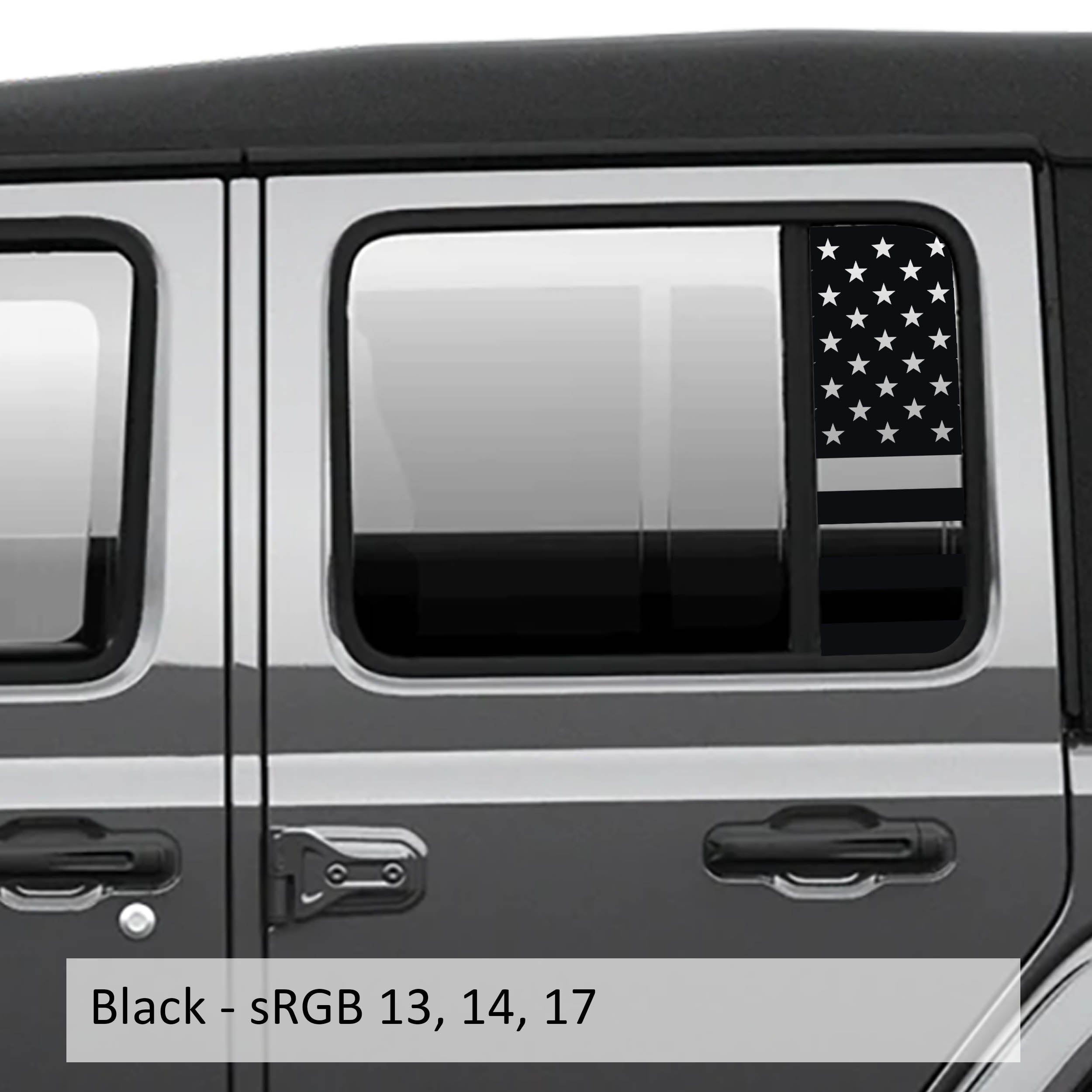 Black American flag side window vinyl decal set installed on Jeep Wrangler JL glass