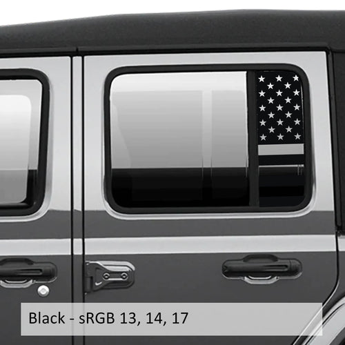 Black American flag side window vinyl decal set installed on Jeep Wrangler JL glass