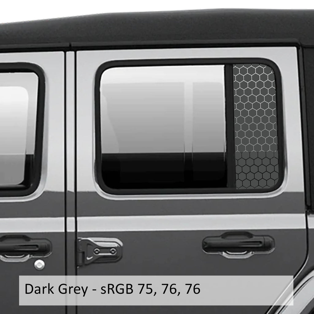 Dark gray honeycomb hex mesh side window decal set installed on Jeep Wrangler JL glass