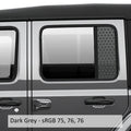Dark gray honeycomb hex mesh side window decal set installed on Jeep Wrangler JL glass